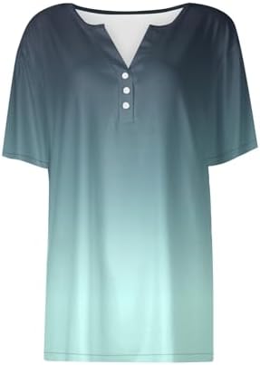 3126akkgghl. ac .jpg Sommer Bequeme Damen Kurzärmel V-Ausschnitt Knopf T-Shirts Lässiges Elegant Farbverlaufs Print Business Tops | Damen Ku