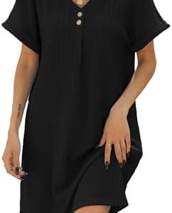 Elegant Sommerkleid S-XXL Damen | Leichte A-Linien Freizeitkleid Damen Kurzarm | Elegant Einfarbiges Sommerkleid Damen