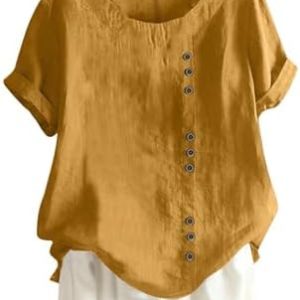 Damen Rundhals Baumwolle Leinen T-Shirt Sommer Elegant Vintage Knöpfe Basic Oberteile | Damen Vintage Knöpfe Baumwolle