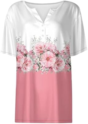 31wd8yev3fl. ac .jpg Sommer Bequeme Damen Kurzärmel V-Ausschnitt Knopf T-Shirts Lässiges Elegant Farbverlaufs Print Business Tops | Damen Ku