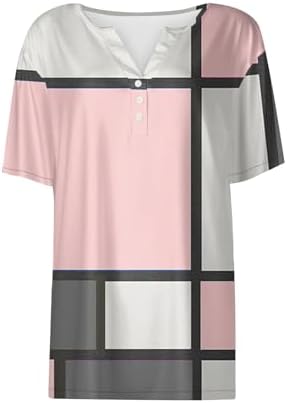 31b9gherlnl. ac .jpg Sommer Bequeme Damen Kurzärmel V-Ausschnitt Knopf T-Shirts Lässiges Elegant Farbverlaufs Print Business Tops | Damen Ku