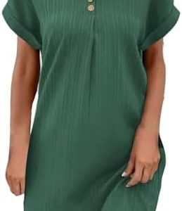 Trendiges Mini-T-Shirt-Kleid Damen Summer Übergröße A-Linie gerippt V-Ausschnitt Knöpfe