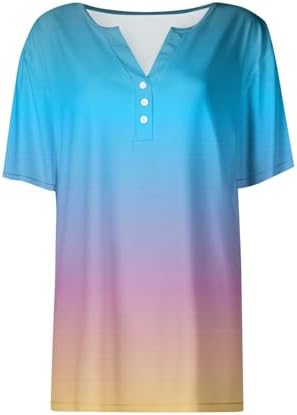 31nexgd5vdl. ac .jpg Sommer Bequeme Damen Kurzärmel V-Ausschnitt Knopf T-Shirts Lässiges Elegant Farbverlaufs Print Business Tops | Damen Ku