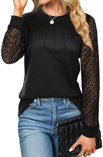 411fsrgtyl. ac .jpg Damen Langarmshirt Elegant Mit Spitze Herbst T-Shirt OEKO-TEX STANDARD 100 | Damen Long Sleeve Waffelstrick Top Plissie