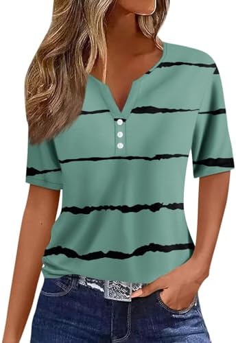 412bkqcmwl. ac .jpg Sommer Bequeme Damen Kurzärmel V-Ausschnitt Knopf T-Shirts Lässiges Elegant Farbverlaufs Print Business Tops | Damen Ku
