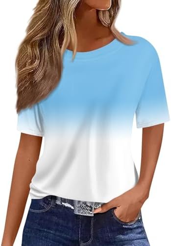 414b48csc3l. ac .jpg Sommer Bequeme Damen Kurzärmel V-Ausschnitt Knopf T-Shirts Lässiges Elegant Farbverlaufs Print Business Tops | Damen Ku