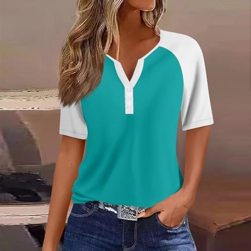 414a8sjuu5l. ac .jpg Sommer Bequeme Damen Kurzärmel V-Ausschnitt Knopf T-Shirts Lässiges Elegant Farbverlaufs Print Business Tops | Damen Ku