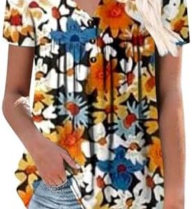 Generisch Plissee Blumen T-Shirt Mit V-Ausschnitt Für Damen - Falten Fit Flare Knöpfe Up Hemd Plus Size Casual Basic Pli