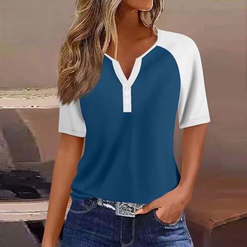 415vsmnqmdl. ac .jpg Sommer Bequeme Damen Kurzärmel V-Ausschnitt Knopf T-Shirts Lässiges Elegant Farbverlaufs Print Business Tops | Damen Ku