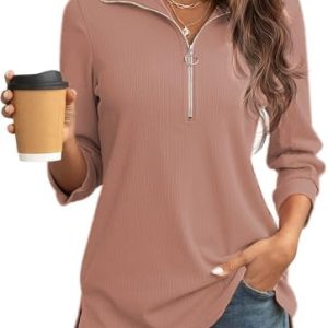 Cuptacc Damen Bluse V-Ausschnitt 3/4 Ärmel Half Zip Design OEKO-TEX STANDARD 100