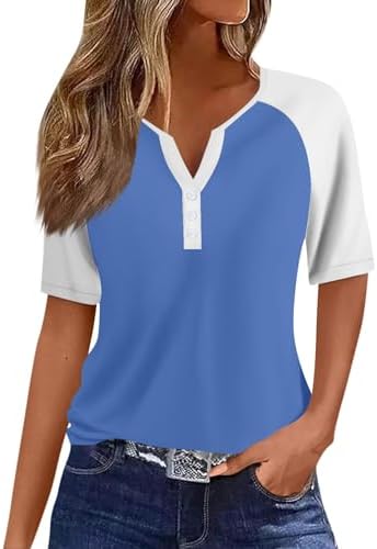 416fhtpldyl. ac .jpg Sommer Bequeme Damen Kurzärmel V-Ausschnitt Knopf T-Shirts Lässiges Elegant Farbverlaufs Print Business Tops | Damen Ku
