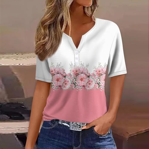 416xrgq9z3l. ac .jpg Sommer Bequeme Damen Kurzärmel V-Ausschnitt Knopf T-Shirts Lässiges Elegant Farbverlaufs Print Business Tops | Damen Ku