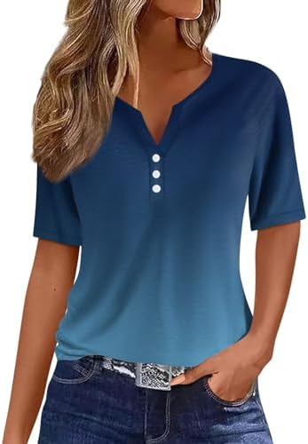 419mykwohsl. ac .jpg Sommer Bequeme Damen Kurzärmel V-Ausschnitt Knopf T-Shirts Lässiges Elegant Farbverlaufs Print Business Tops | Damen Ku