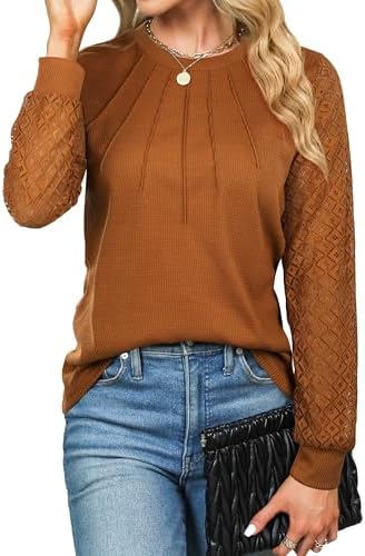 41dhys8gzll. ac .jpg Damen Langarmshirt Elegant Mit Spitze Herbst T-Shirt OEKO-TEX STANDARD 100 | Damen Long Sleeve Waffelstrick Top Plissie