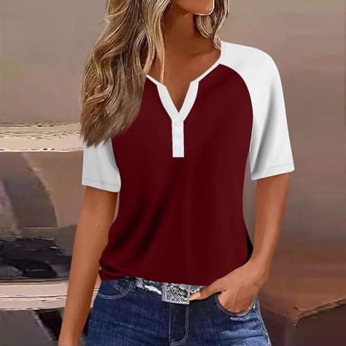 41emqjtel5l. ac .jpg Sommer Bequeme Damen Kurzärmel V-Ausschnitt Knopf T-Shirts Lässiges Elegant Farbverlaufs Print Business Tops | Damen Ku
