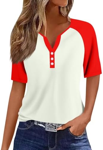 41isvuk9bfl. ac .jpg Sommer Bequeme Damen Kurzärmel V-Ausschnitt Knopf T-Shirts Lässiges Elegant Farbverlaufs Print Business Tops | Damen Ku