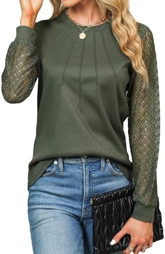 41ieuz2kgcl. ac .jpg Damen Langarmshirt Elegant Mit Spitze Herbst T-Shirt OEKO-TEX STANDARD 100 | Damen Long Sleeve Waffelstrick Top Plissie