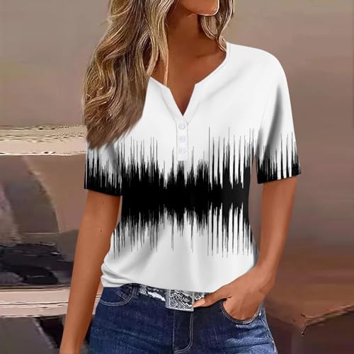 41lbahjhx7l. ac .jpg Sommer Bequeme Damen Kurzärmel V-Ausschnitt Knopf T-Shirts Lässiges Elegant Farbverlaufs Print Business Tops | Damen Ku