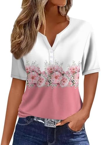 41m7mtrpncl. ac .jpg Sommer Bequeme Damen Kurzärmel V-Ausschnitt Knopf T-Shirts Lässiges Elegant Farbverlaufs Print Business Tops | Damen Ku