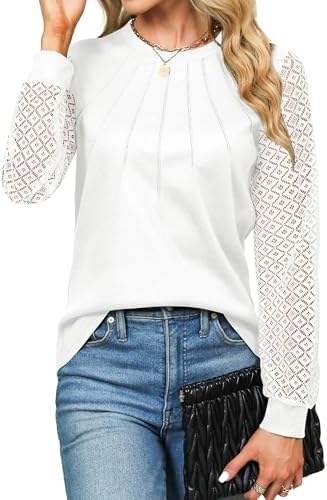 41memkp9qgl. ac .jpg Damen Langarmshirt Elegant Mit Spitze Herbst T-Shirt OEKO-TEX STANDARD 100 | Damen Long Sleeve Waffelstrick Top Plissie