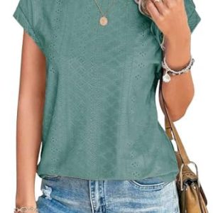 SOADKP Damen Kurzarm T-Shirts Sommer Elegant Spitze Casual Bluse Tunika