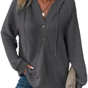 Cuptacc Hoodie Damen Waffel Locker Kapuzenpullover Knopfleiste V-Ausschnitt Mit Kordelzug Langarm Pullover
