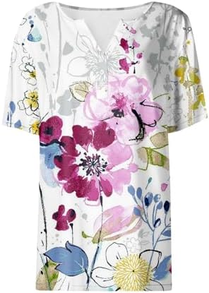 41sfw2pvkdl. ac .jpg Sommer Bequeme Damen Kurzärmel V-Ausschnitt Knopf T-Shirts Lässiges Elegant Farbverlaufs Print Business Tops | Damen Ku
