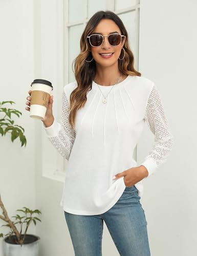 41sk0vrmcl. ac .jpg Damen Langarmshirt Elegant Mit Spitze Herbst T-Shirt OEKO-TEX STANDARD 100 | Damen Long Sleeve Waffelstrick Top Plissie