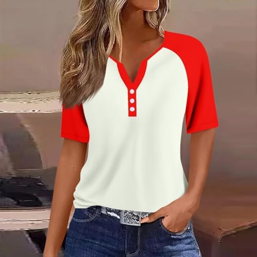 41tndcgiv0l. ac .jpg Sommer Bequeme Damen Kurzärmel V-Ausschnitt Knopf T-Shirts Lässiges Elegant Farbverlaufs Print Business Tops | Damen Ku