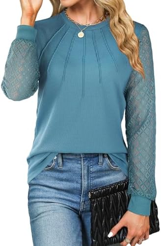 41ujilgr2ll. ac .jpg Damen Langarmshirt Elegant Mit Spitze Herbst T-Shirt OEKO-TEX STANDARD 100 | Damen Long Sleeve Waffelstrick Top Plissie
