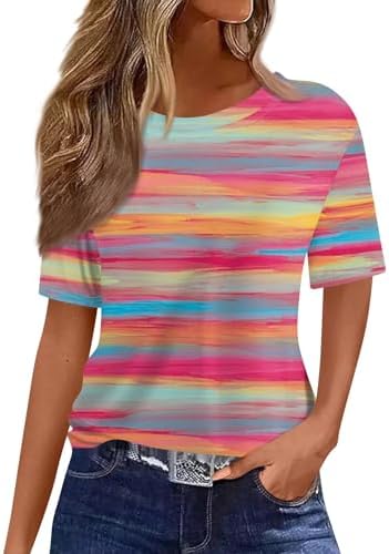 41wxlwcwyll. ac .jpg Sommer Bequeme Damen Kurzärmel V-Ausschnitt Knopf T-Shirts Lässiges Elegant Farbverlaufs Print Business Tops | Damen Ku