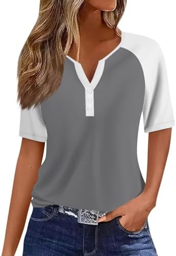 41y0guawd1l. ac .jpg Sommer Bequeme Damen Kurzärmel V-Ausschnitt Knopf T-Shirts Lässiges Elegant Farbverlaufs Print Business Tops | Damen Ku
