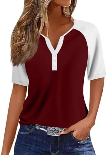 41yeaefdnol. ac .jpg Sommer Bequeme Damen Kurzärmel V-Ausschnitt Knopf T-Shirts Lässiges Elegant Farbverlaufs Print Business Tops | Damen Ku