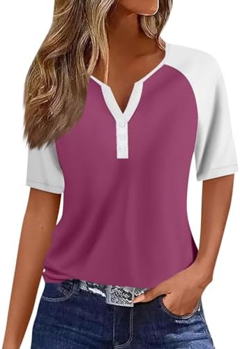 41yon5wb35l. ac .jpg Sommer Bequeme Damen Kurzärmel V-Ausschnitt Knopf T-Shirts Lässiges Elegant Farbverlaufs Print Business Tops | Damen Ku