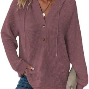 Cuptacc Damen Hoodie Waffel Locker Kapuzenpullover Mit V-Ausschnitt Und Kordelzug OEKO-TEX STANDARD 100 Cuptacc Damen