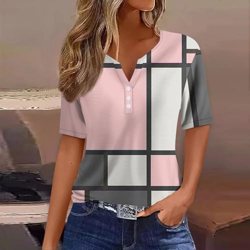 41cvom8lu9l. ac .jpg Sommer Bequeme Damen Kurzärmel V-Ausschnitt Knopf T-Shirts Lässiges Elegant Farbverlaufs Print Business Tops | Damen Ku