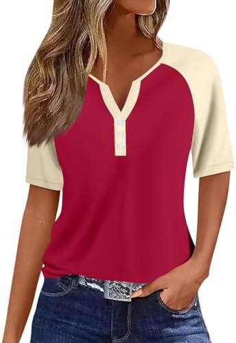 41cvooyebel. ac .jpg Sommer Bequeme Damen Kurzärmel V-Ausschnitt Knopf T-Shirts Lässiges Elegant Farbverlaufs Print Business Tops | Damen Ku