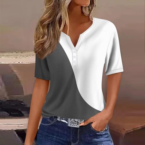 41clkiix5el. ac .jpg Sommer Bequeme Damen Kurzärmel V-Ausschnitt Knopf T-Shirts Lässiges Elegant Farbverlaufs Print Business Tops | Damen Ku