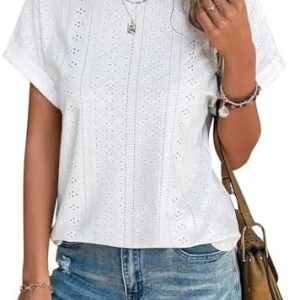 Cuptacc elegante Damen Bluse Sommer Mode LOCHstickerei Top Kurzarm Casual