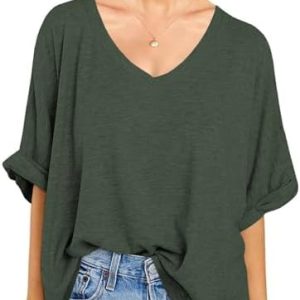 Mcnlyce Damen Oversize Sommer T-Shirt V-Ausschnitt Kurzarm Basic Oberteile Locker Lässig