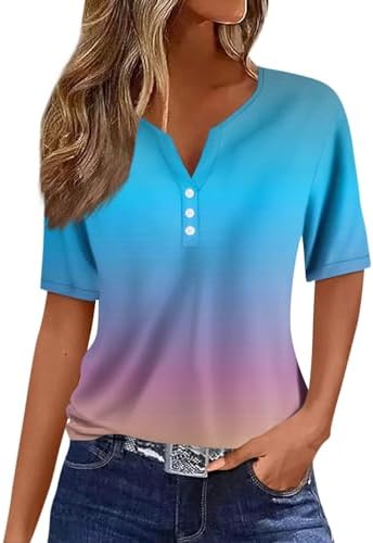 41fitf8cn9l. ac .jpg Sommer Bequeme Damen Kurzärmel V-Ausschnitt Knopf T-Shirts Lässiges Elegant Farbverlaufs Print Business Tops | Damen Ku
