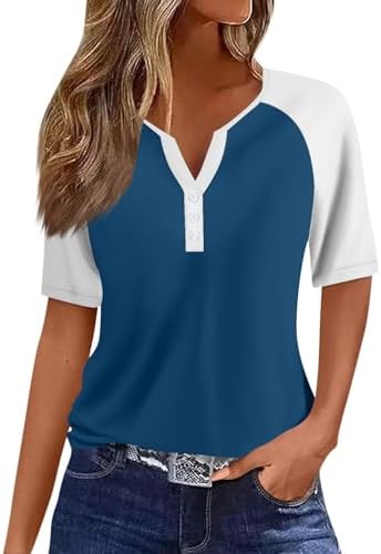41ft4bznfel. ac .jpg Sommer Bequeme Damen Kurzärmel V-Ausschnitt Knopf T-Shirts Lässiges Elegant Farbverlaufs Print Business Tops | Damen Ku