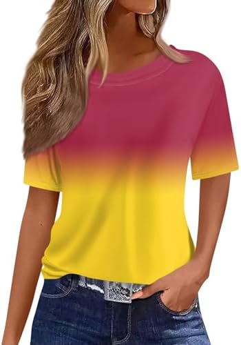 41hqu5fffxl. ac .jpg Sommer Bequeme Damen Kurzärmel V-Ausschnitt Knopf T-Shirts Lässiges Elegant Farbverlaufs Print Business Tops | Damen Ku
