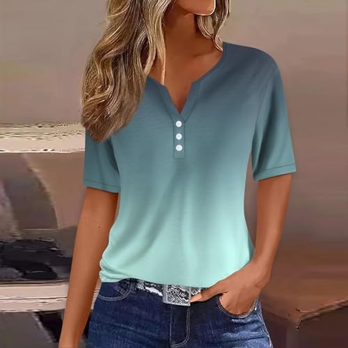 41kit nvdrl. ac .jpg Sommer Bequeme Damen Kurzärmel V-Ausschnitt Knopf T-Shirts Lässiges Elegant Farbverlaufs Print Business Tops | Damen Ku