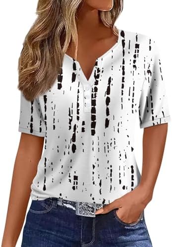 41kqrabuhl. ac .jpg Sommer Bequeme Damen Kurzärmel V-Ausschnitt Knopf T-Shirts Lässiges Elegant Farbverlaufs Print Business Tops | Damen Ku