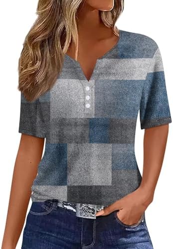 41p50 7dayl. ac .jpg Sommer Bequeme Damen Kurzärmel V-Ausschnitt Knopf T-Shirts Lässiges Elegant Farbverlaufs Print Business Tops | Damen Ku