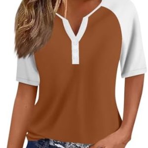 Damen Sommer T-Shirt Baumwolle V-Ausschnitt Locker | Damen Sommer Print T-Shirt Farbblock-V-Ausschnitt Bequem | Damen S