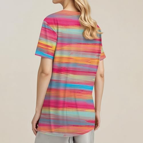 41qv7rd3jhl. ac .jpg Sommer Bequeme Damen Kurzärmel V-Ausschnitt Knopf T-Shirts Lässiges Elegant Farbverlaufs Print Business Tops | Damen Ku