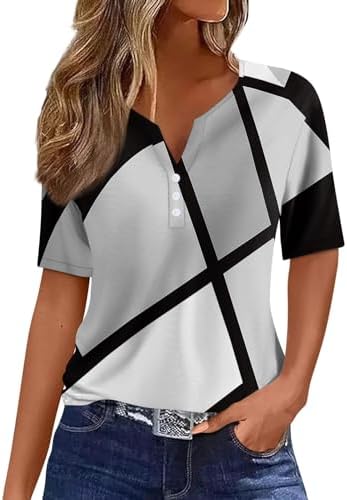 41rkdjqbp1l. ac .jpg Sommer Bequeme Damen Kurzärmel V-Ausschnitt Knopf T-Shirts Lässiges Elegant Farbverlaufs Print Business Tops | Damen Ku