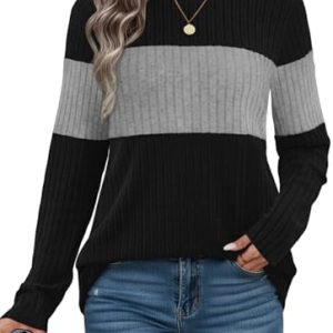 Cuptacc Damen casual Lockere Sweatshirts Rundhals Farbabstimmung Komfortabler Strick Oberteile